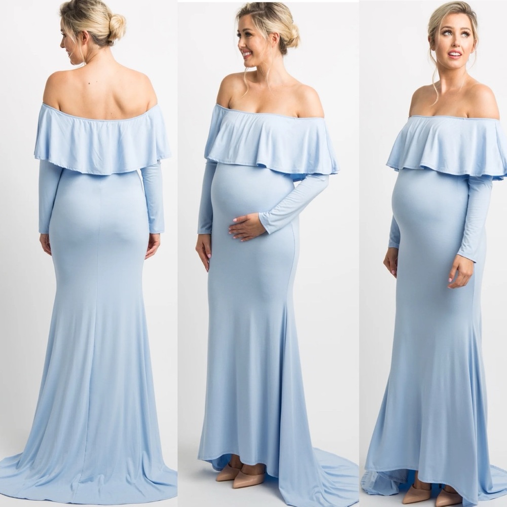 PinkBlush Light Blue Off Shoulder Ruffle Maternity Photoshoot Maxi Dress